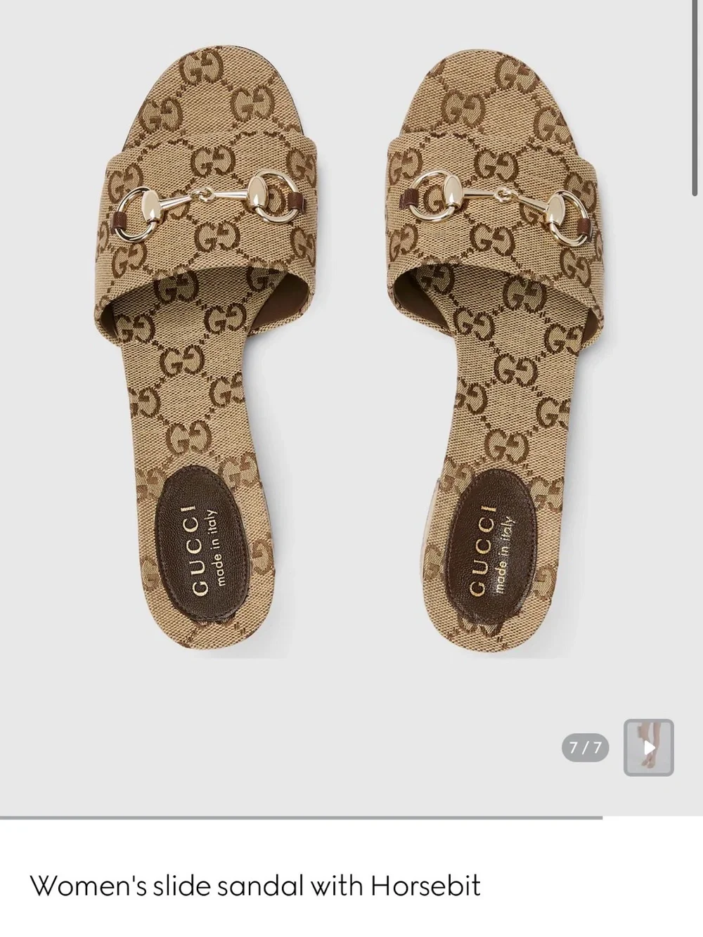 Gucci Tan GG Canvas Horsebit Slide Sandals with Gold Hardware